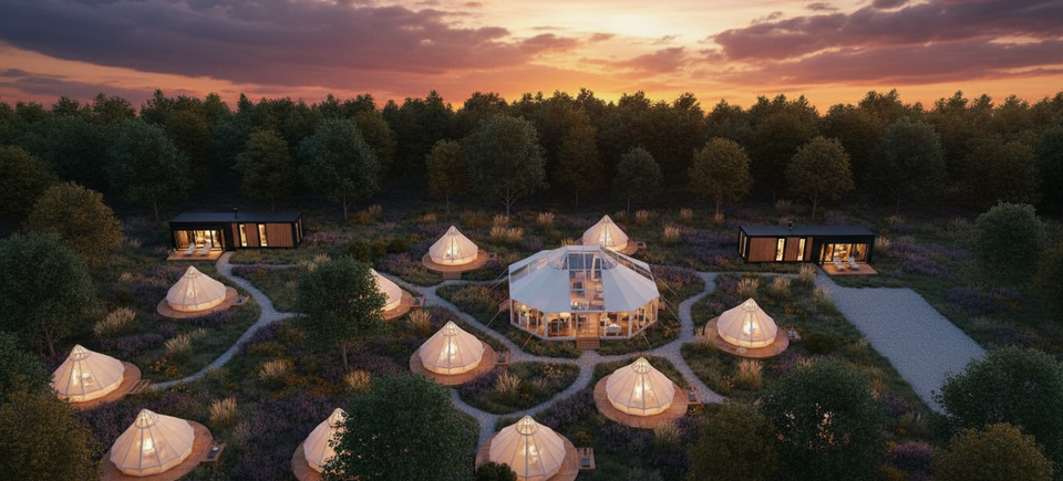 Glamping village view wide angle night