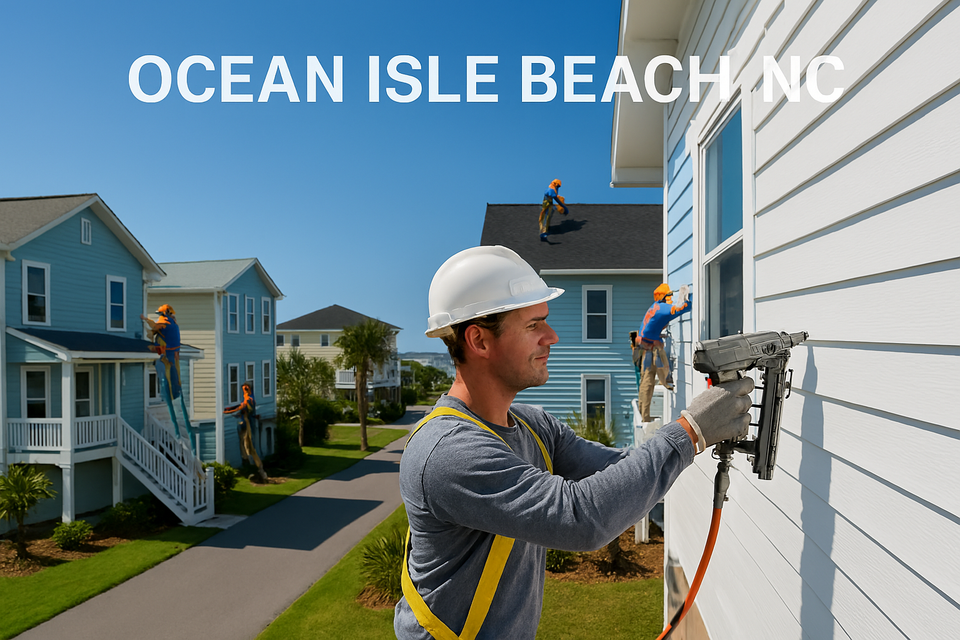 Nova Roofing employee installing siding on coastal home in Ocean Isle Beach NC with pastel houses and palm trees in background