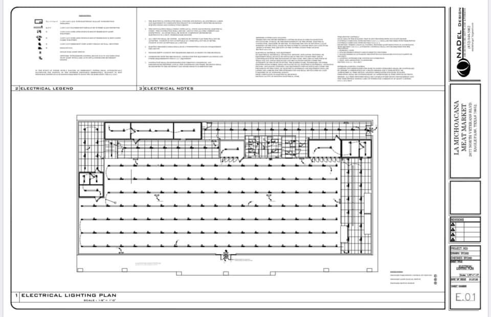 Electrical power plan for La Michoacana Meat Market project by Nadel Design – Layout of power distribution and electrical circuits for the building.