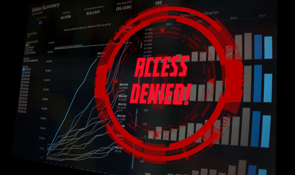 A digital screen displaying various charts and graphs is overlaid with a prominent red warning symbol and the text 'ACCESS DENIED!