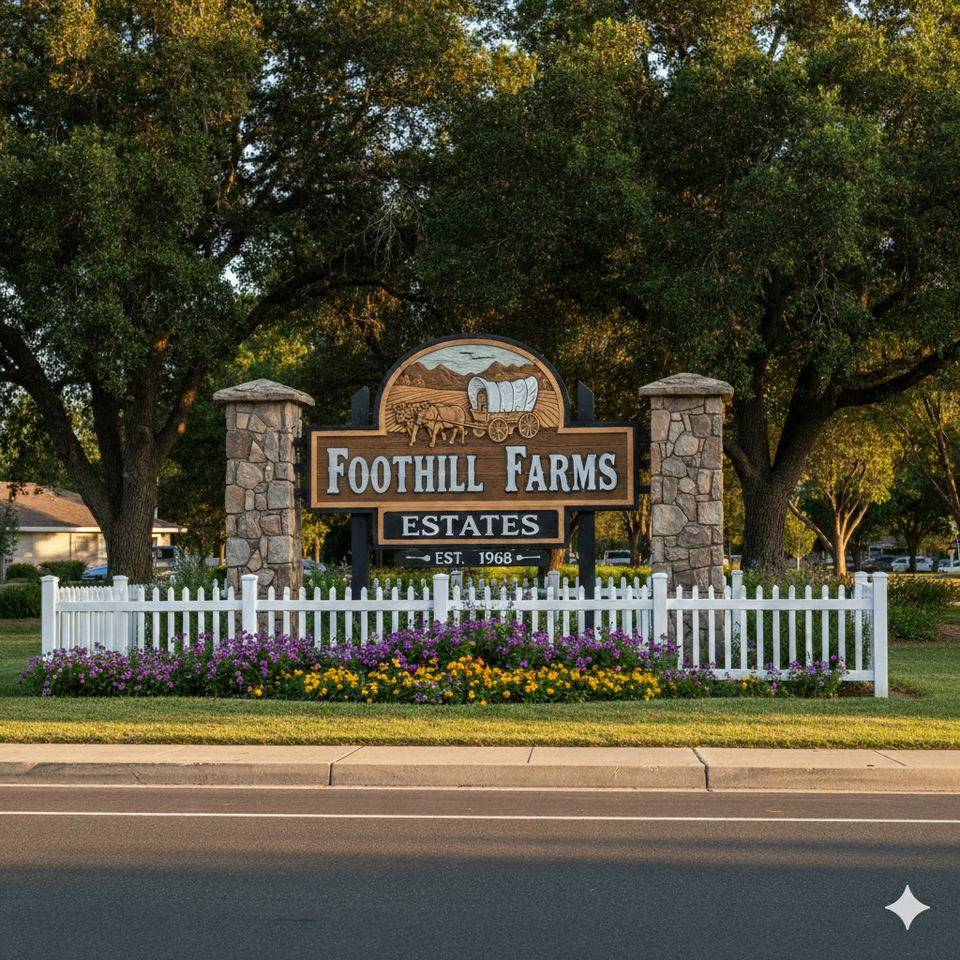 Foothill Farms Estates entrance sign with covered wagon illustration, stone pillars, and flower bed