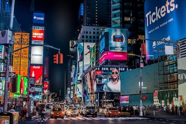 Timesquare with all the screens and billboards lit up. 