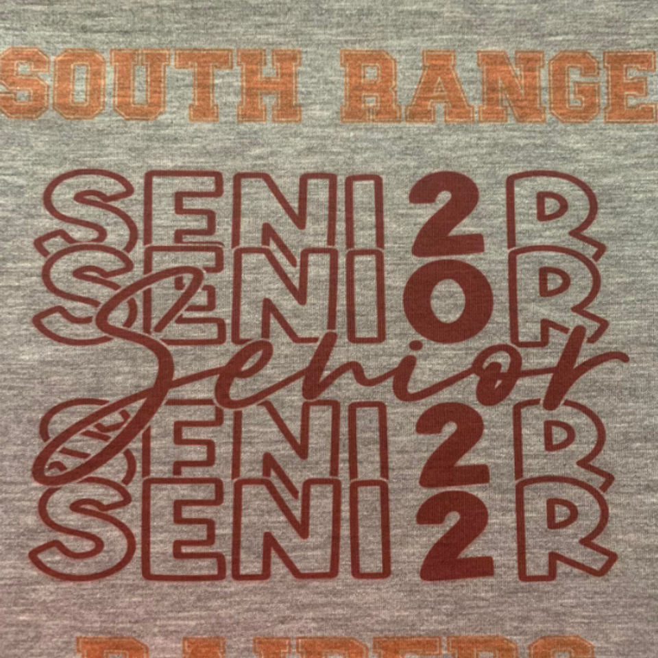 Gray South Range Raiders senior shirt featuring layered "Senior 2022" typography in maroon and gold.