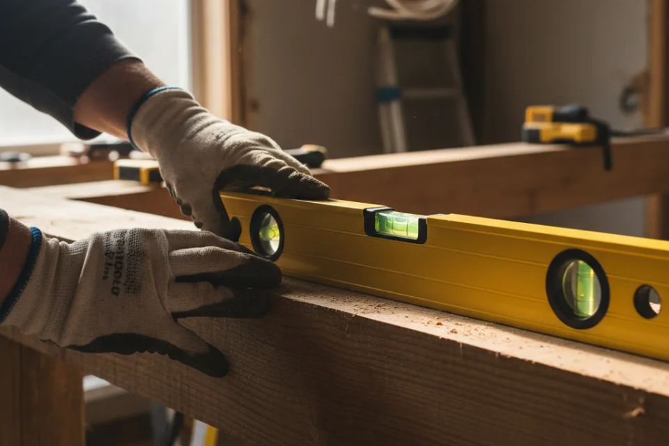 Carpenter using a spirit level on wooden framing representing precision web design for construction companies and home builders