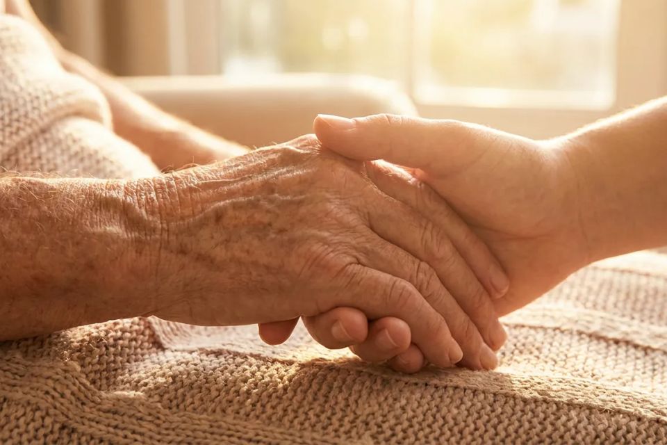 Close-up of a caregiver holding an elderly patient's hand, demonstrating compassion, trust, and companionship.