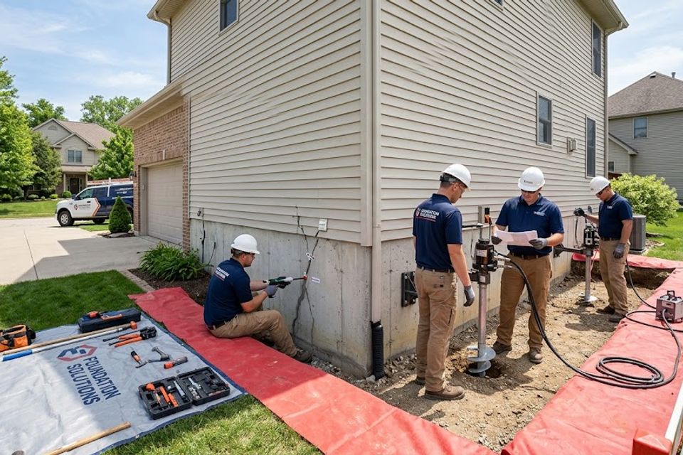 Foundation repair crew performing structural stabilization and foundation inspection around a residential home