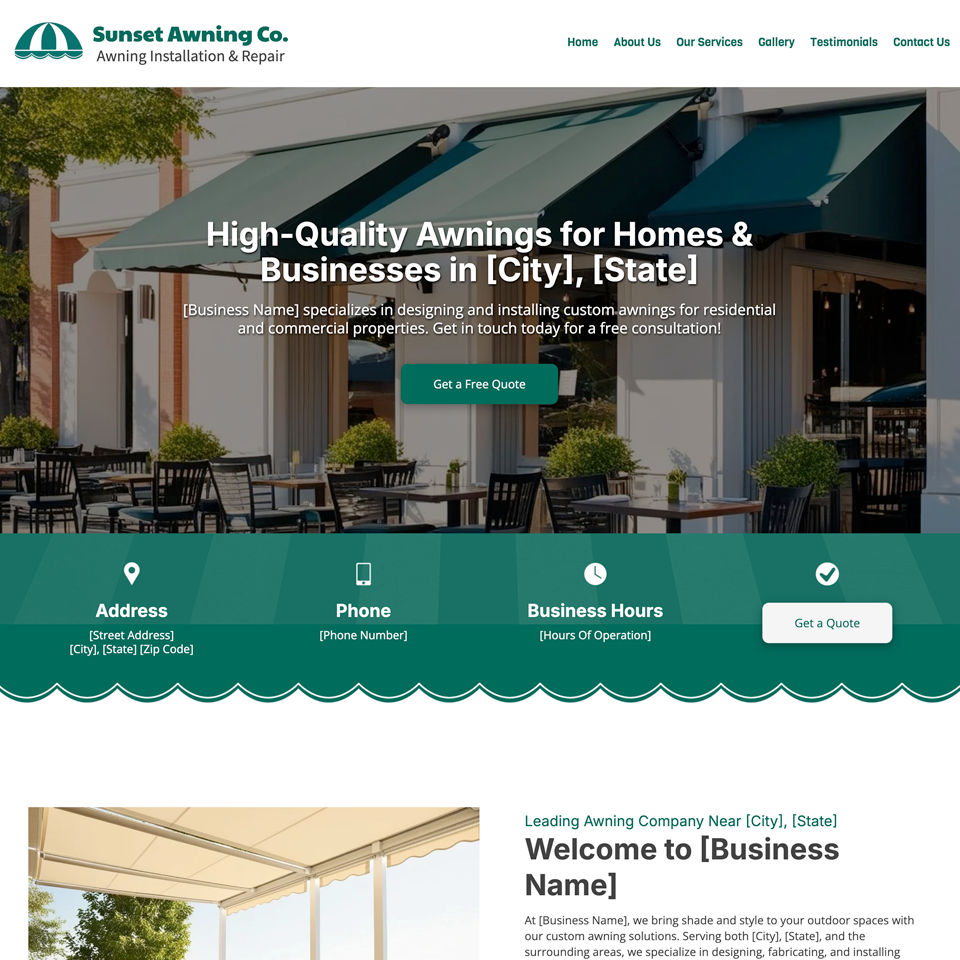 Awning company website design theme