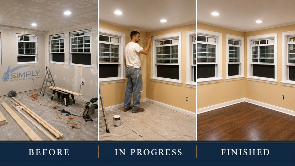 Virgil Palmer, owner of Simply Professional Painting, completes an interior painting project in Parkesburg, PA, shown in a before, in-progress, and finished transformation featuring freshly painted walls, new trim, and a beautifully updated living space.