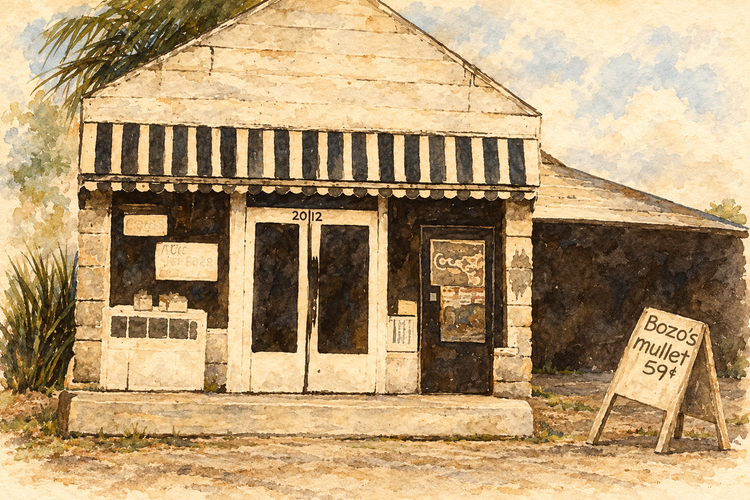 Watercolor interpretation of Bozo’s Grocery around its opening in 1957, with a striped awning and handwritten mullet sign