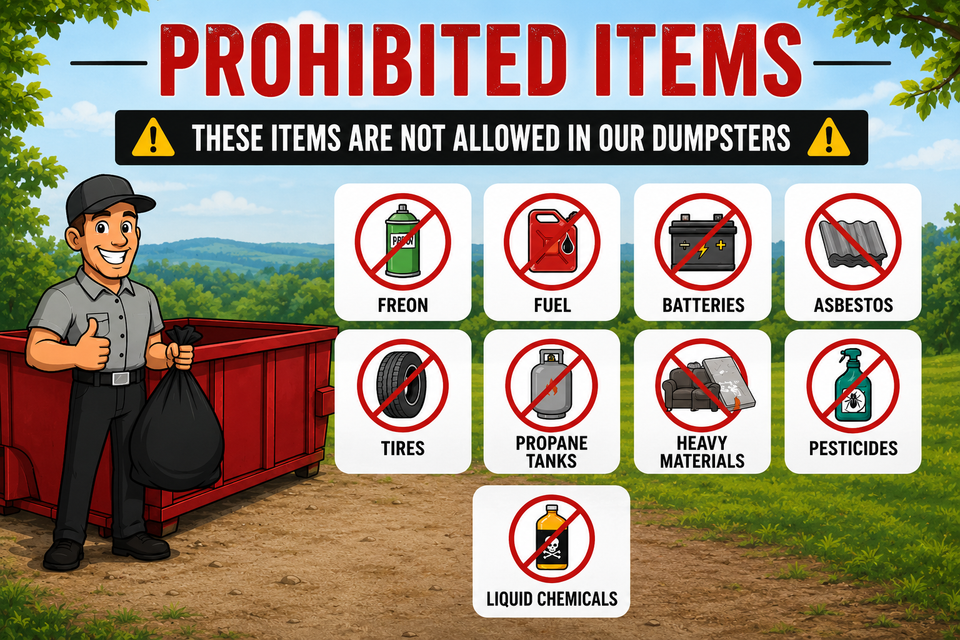 List of prohibited items that are not allowed in Rent-A-Man Dumpster Rentals dumpsters.