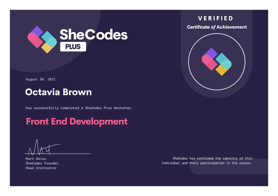 Shecodes plus certificate