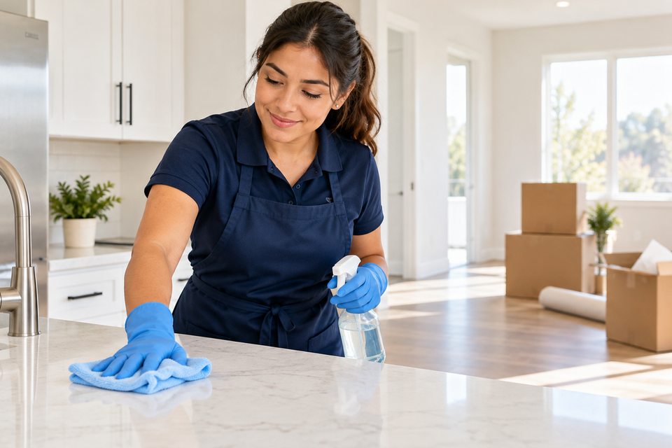 Professional cleaner preparing a bright home for move-in or move-out