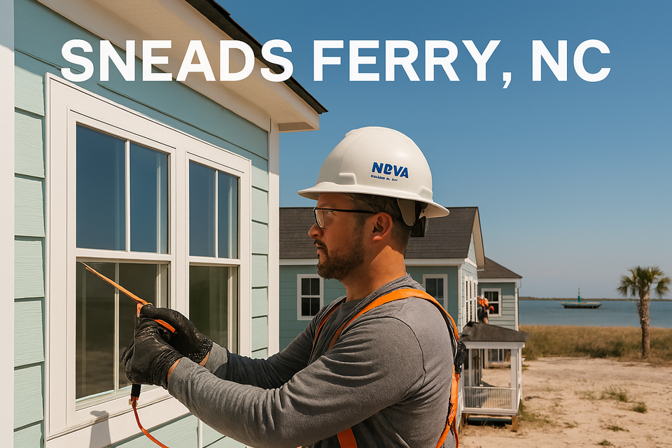 Nova Roofing employee installing window on coastal-style home in Sneads Ferry NC with ocean view