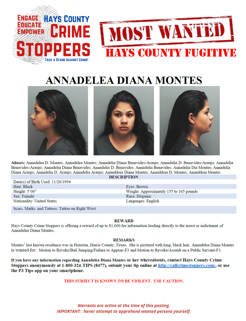 Montes most wanted poster