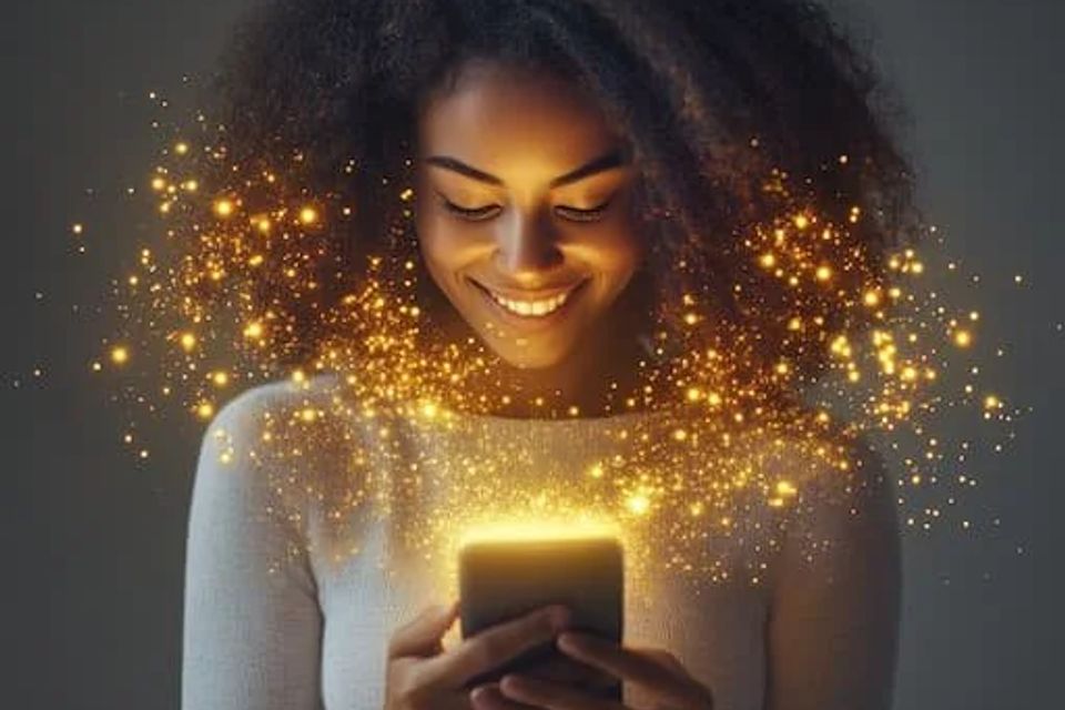 Woman looking at glowing phone 
