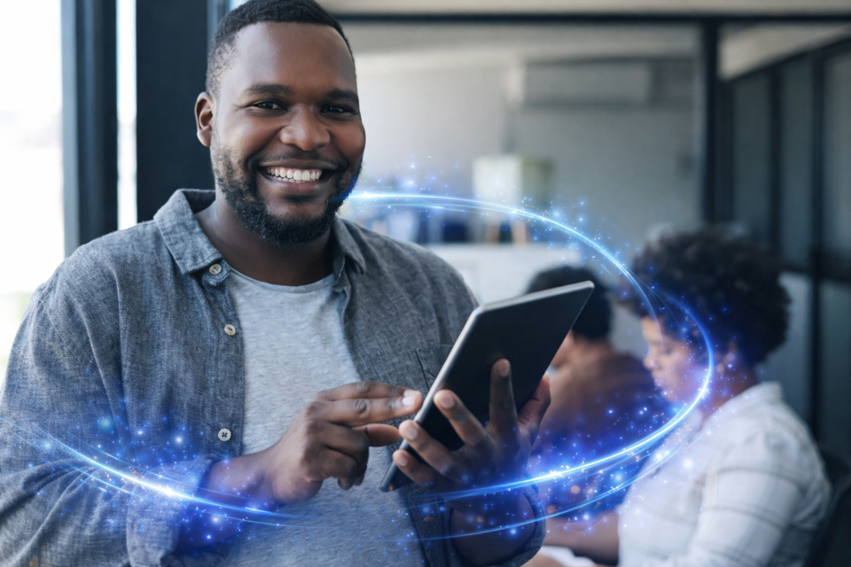 Man interacting with glowing tablet trails