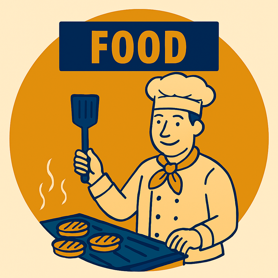 Chef cooking over hamburgers on stove with sign of food above in orange blue and mustard13