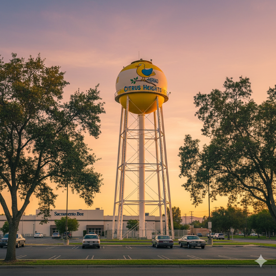 Citrus Heights CA landmark water tower at sunset, serving the local community including Legacy Fence customers.