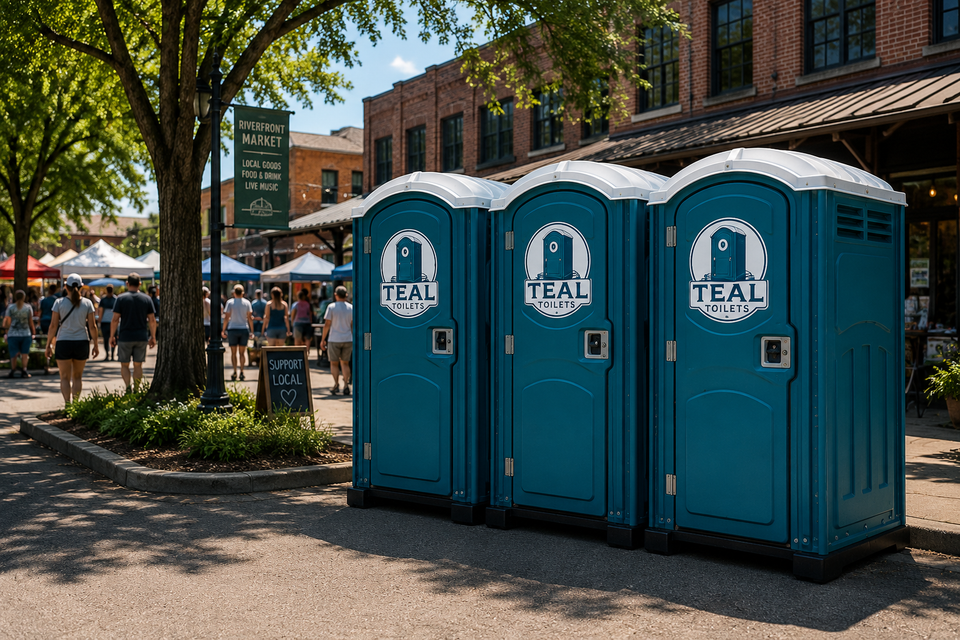 Riverfront market with teal toilets