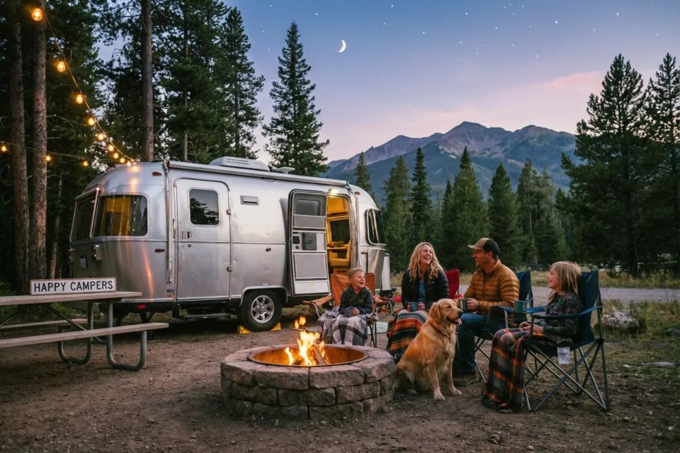  Family sitting by campfire outside Airstream trailer at scenic campground at dusk