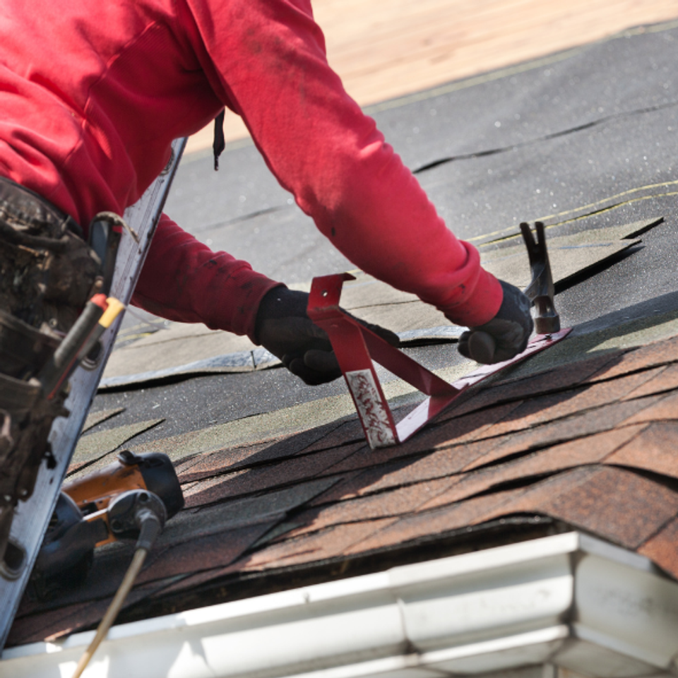 Roofing contractor installing asphalt shingles during a residential roof replacement project.