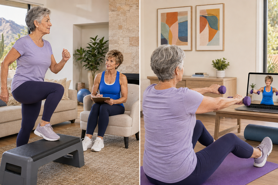 Older woman receiving personalized in-home and virtual personal training