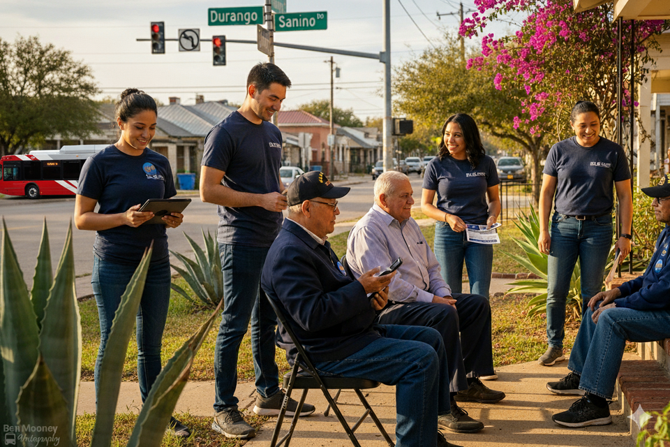 Campaign volunteers talk with veterans in a city neighborhood.