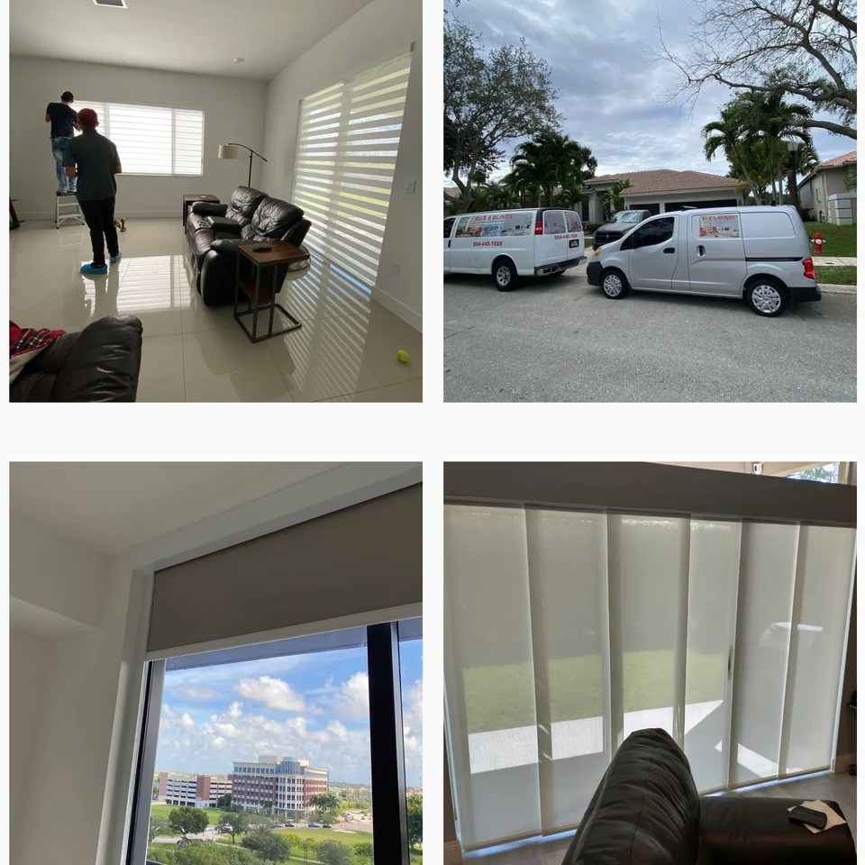 BJ&S Blinds technicians installing zebra shades, branded service vans parked outside a home, and views of roller and vertical shades in residential interiors