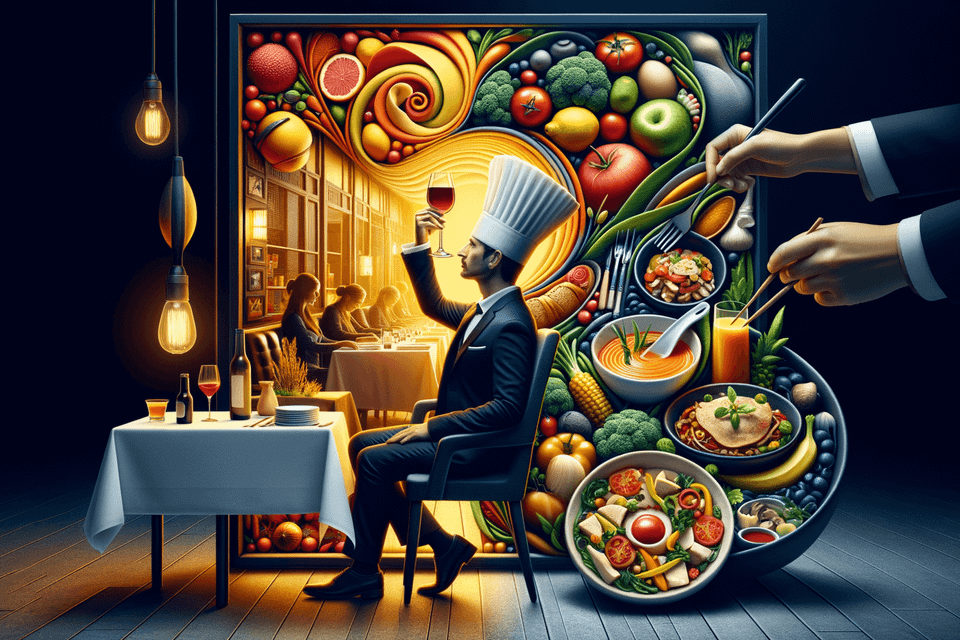 A chef in a suit with a chef's hat sitting at a table with beautiful food surrounding his whole body lifting a glass of wine to check the color 