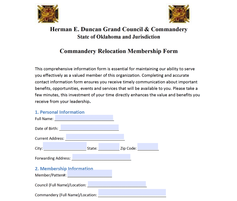 Commandery relocation membership form