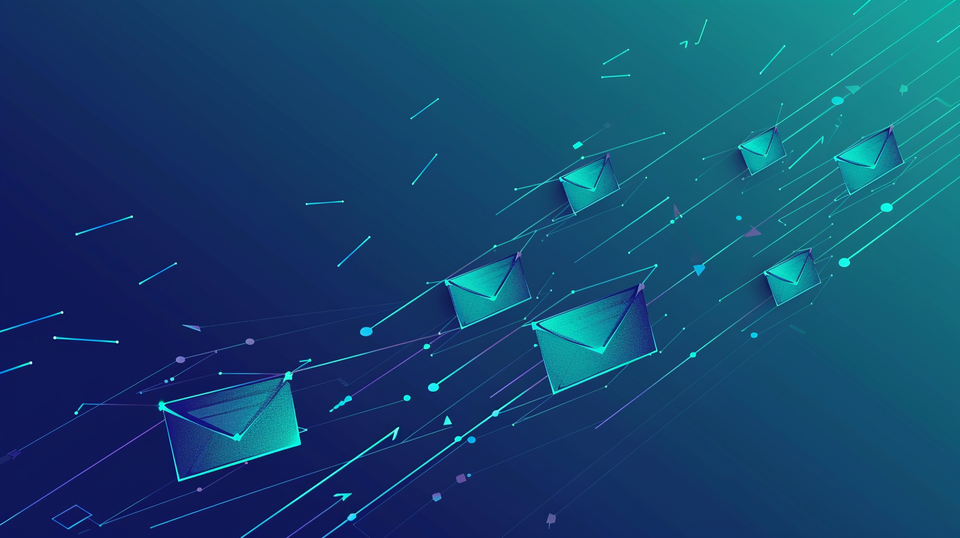 Gradient blue and teal swooshing envelopes signifying Email marketing 