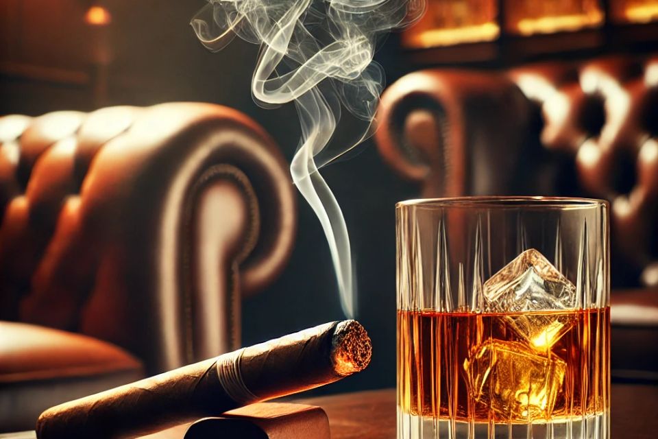 Dall·e 2025 04 04 17.23.30   a cozy  upscale cigar lounge setting. a premium cigar rests naturally on a polished wooden table beside a glass of whiskey or bourbon. the ambient lig