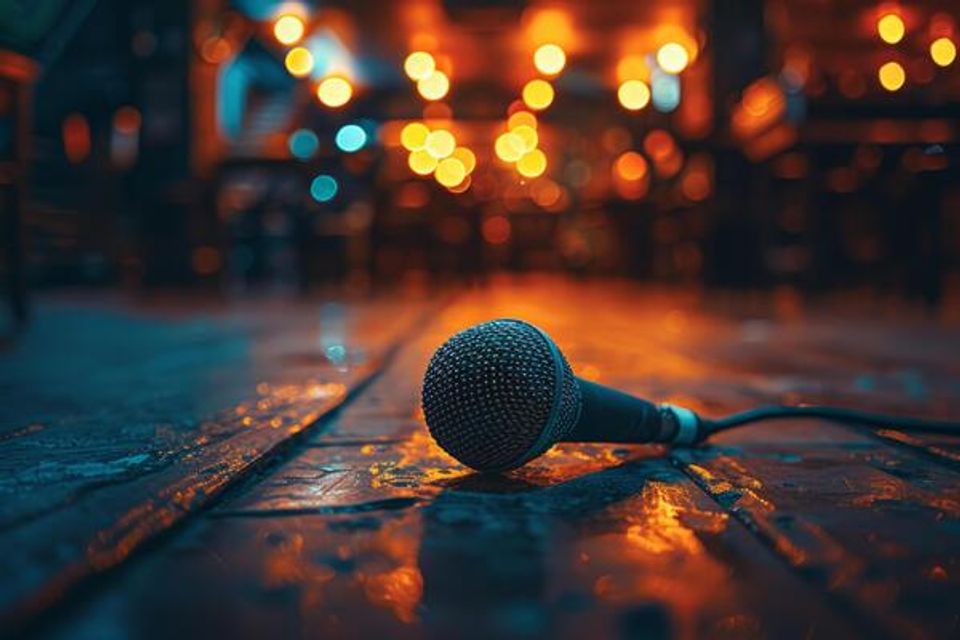 Ai generated microphone laying on the floor of a stage generative ai photo