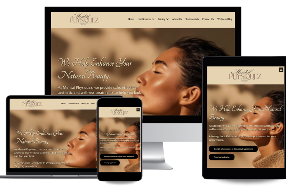 Mental Physiquez website displayed on desktop, laptop, tablet, and mobile devices, showcasing a responsive design by EzSites4U Web Design.
