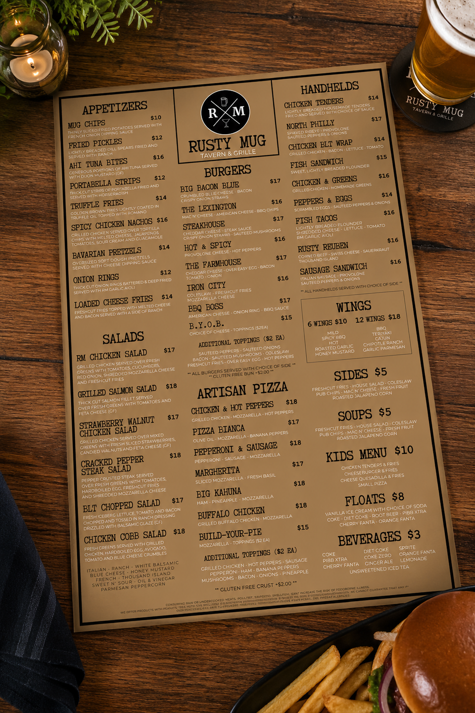 Professionally designed custom restaurant menu created for Rusty Mug Tavern & Grille with a clean layout for dine-in and customer ordering.