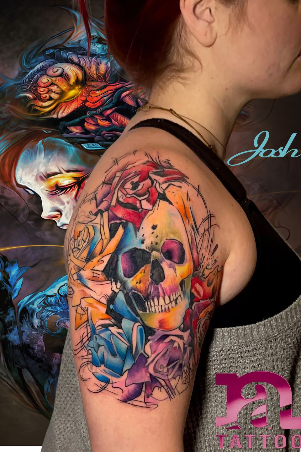 Josh watercolor skull roses  original