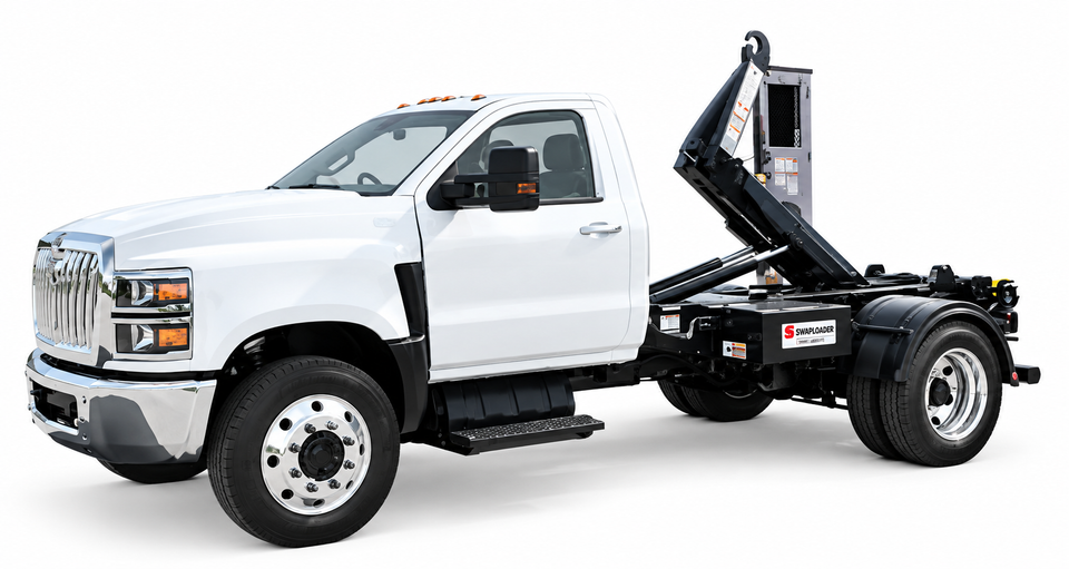 White hooklift work truck in studio