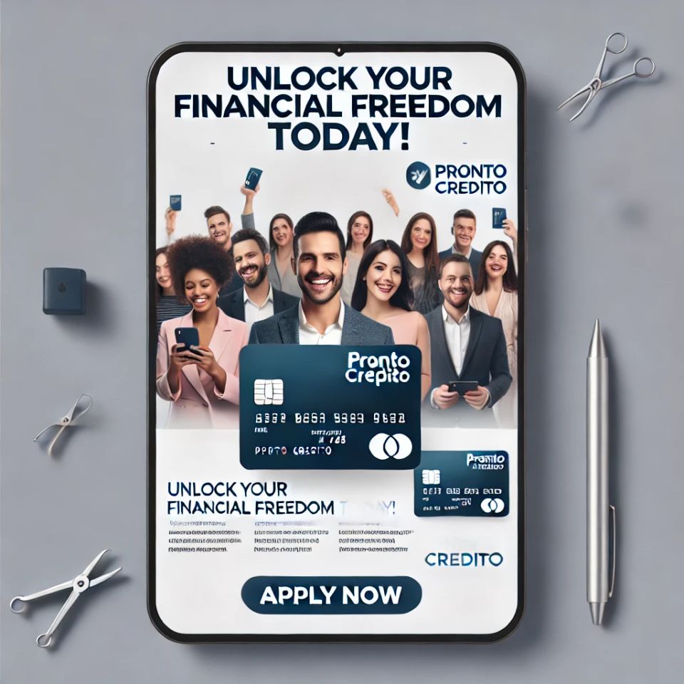Dall·e 2025 01 22 11.54.59   a modern  eye catching digital ad for pronto crédito. the ad features bold text saying 'unlock your financial freedom today!' with a professional and 