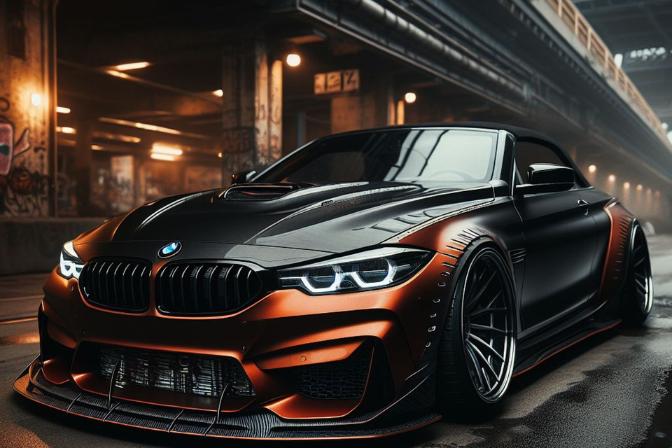 Image of BMW in Copper and Black Trim with Custom Wheels Driver Side Front Quarter View, Wheels Straight Car is Not Moving and sitting on the street of a big city 