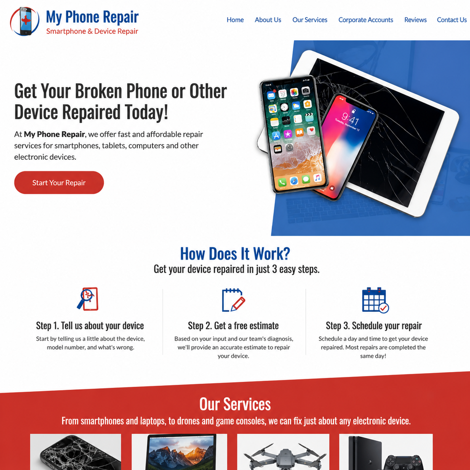 Website for My Phone Repair showcasing the slogan "Smartphone & Device Repair" with service highlights, a "Start Your Repair" button, and details about the three-step repair process.