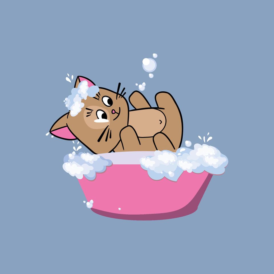 The cute cat in a bubbles bath in a flat style grooming 