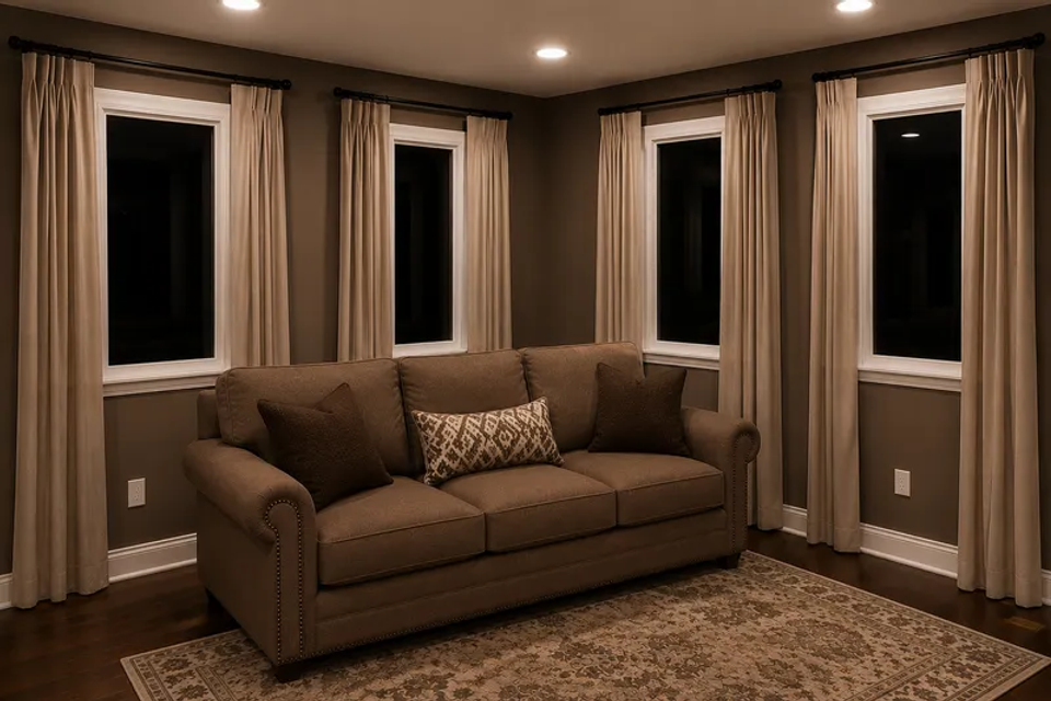 Freshly painted residential living room featuring warm brown walls, crisp white trim, recessed lighting, single-pane windows, and a comfortable sofa by Simply Professional Painting.