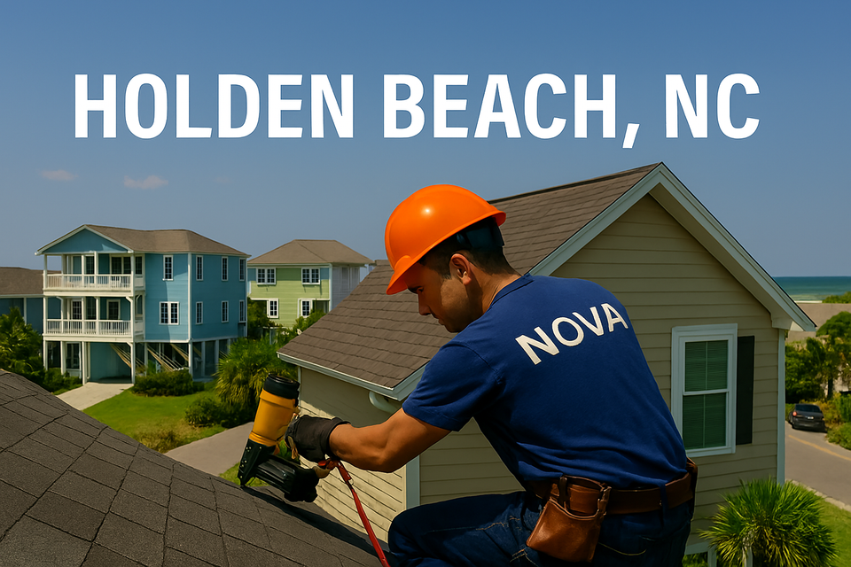 Nova Roofing employee installing shingles on Holden Beach NC coastal home with pastel houses and ocean in background