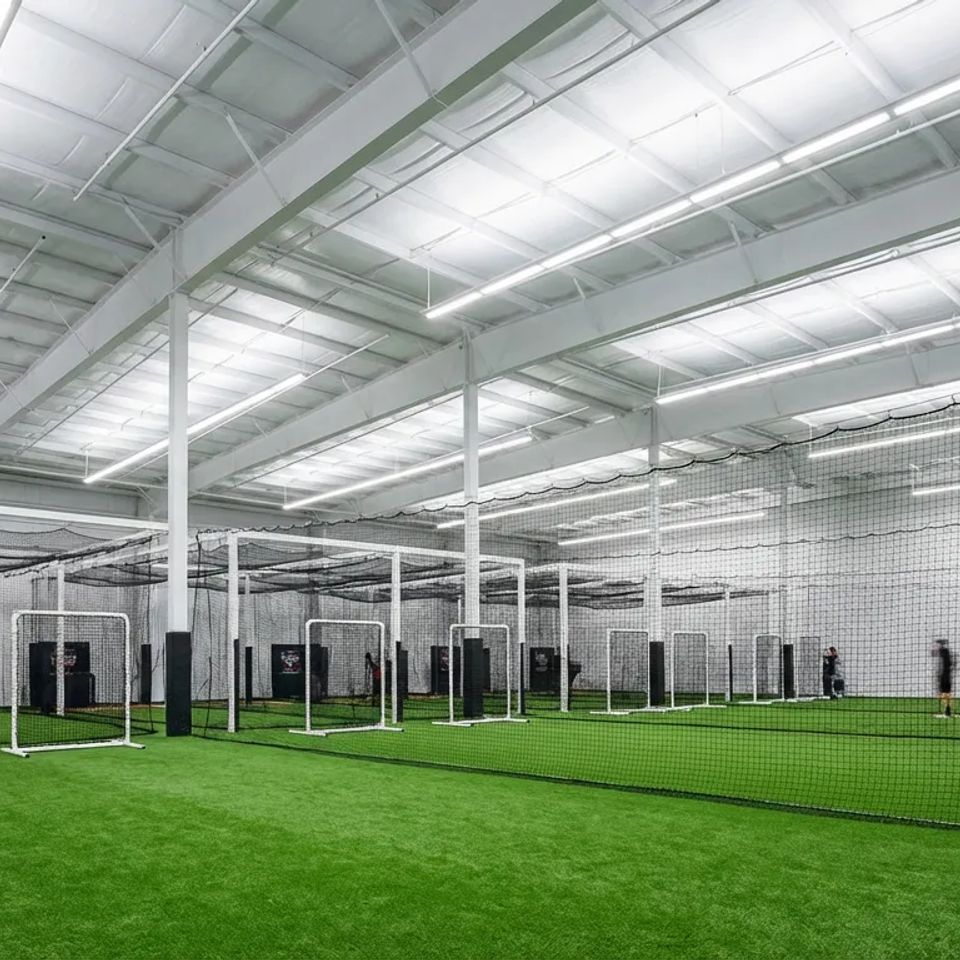 Wide view of a clean, modern indoor sports complex featuring green turf and multiple netted batting cages for baseball and softball practice.