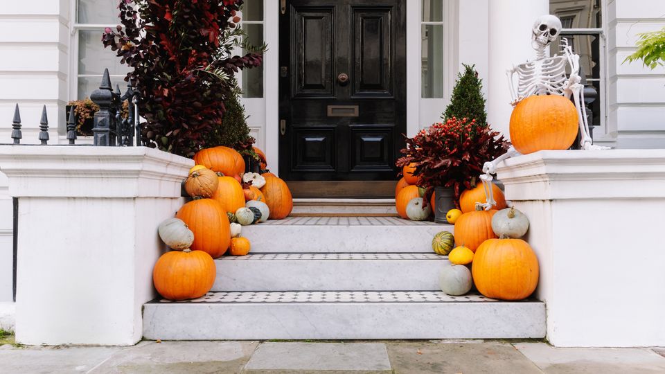 Skeleton sitting with pumpkins decorating a house 2024 12 08 01 06 56 utc