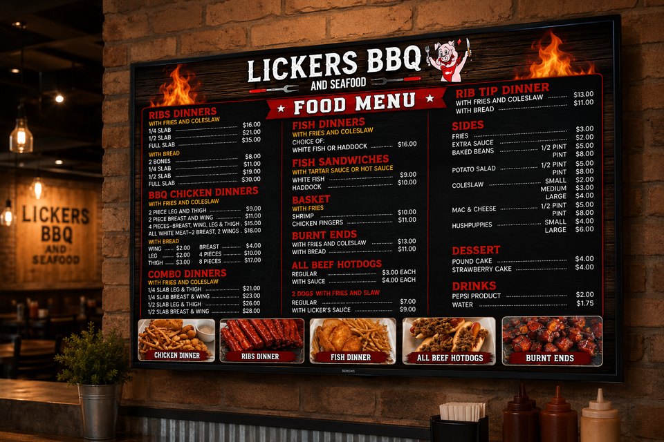 Digital restaurant menu board displayed on a wall featuring a custom BBQ restaurant menu design with food categories, pricing, and menu items created by EzSites4U Web Design