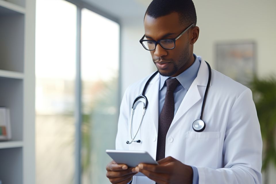 1920 a black male doctor in a white coat is using a tablet generative ai