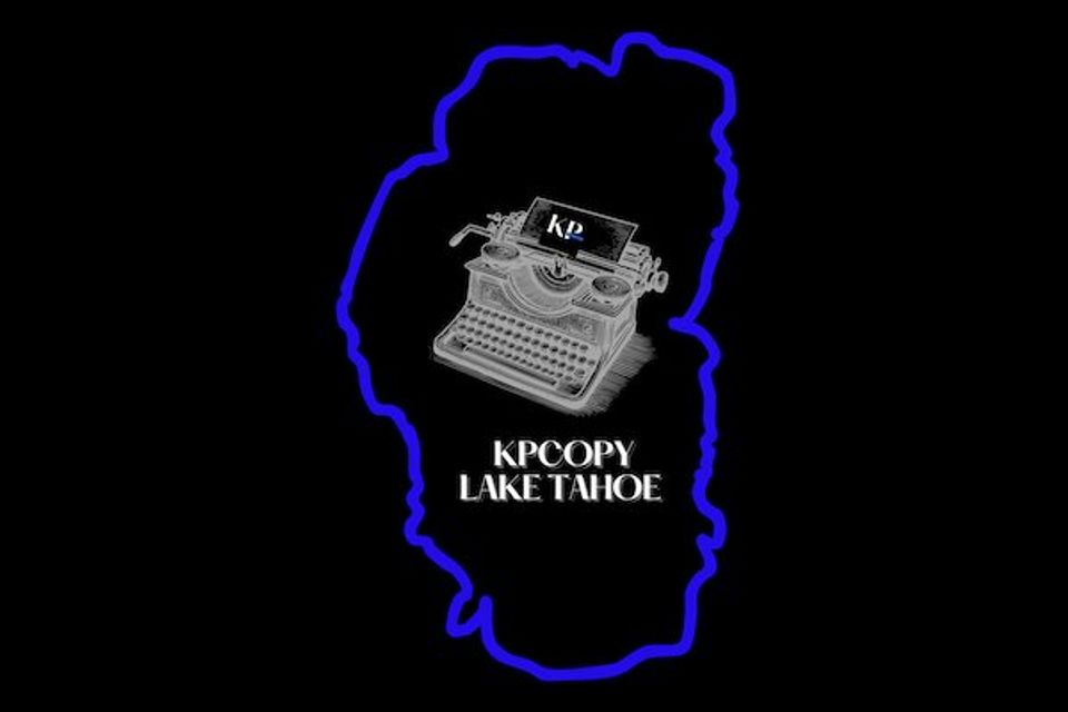 KPCopy logo with typewriter in middle and an outline of Lake Tahoe 