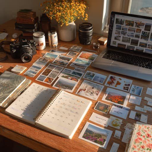 A well organized desk with photos and journals and a laptop open 