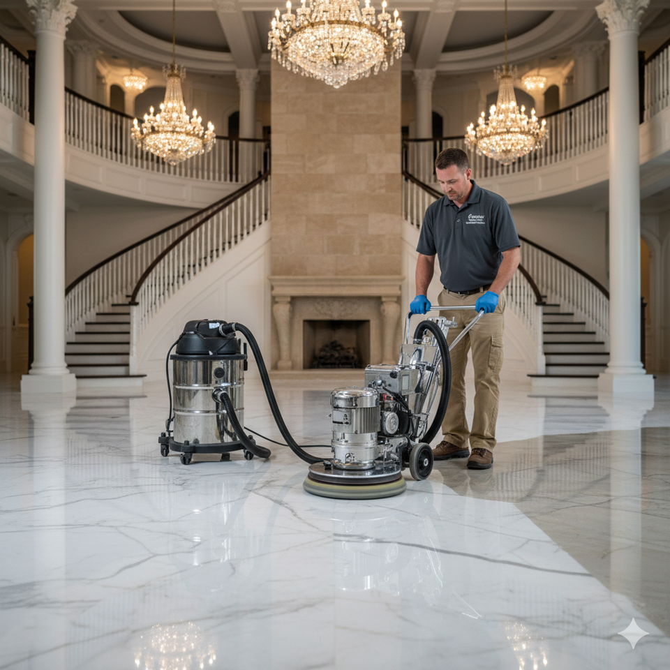 Professional stone technician using a heavy-duty diamond honing machine to restore a mirror-like shine to a large white marble floor in a luxury foyer, showing a clear contrast between the dull unrestored side and the polished finish.